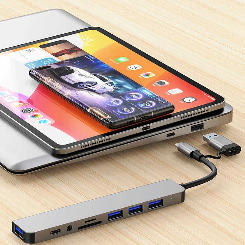 Expand your connectivity with this 8-in-2 USB + Type-C hub docking station—featuring multiple USB ports and a convenient card reader for seamless device access! Card Reader Laptop Tablet Phone Disk Converter
