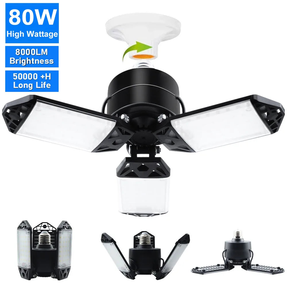 LED Garage Lights with 7/10+1 Adjustable Panels E26/E27 Ceiling Shop Work Lamp 150W 6500K Bulb for Workshop Industrial Lighting