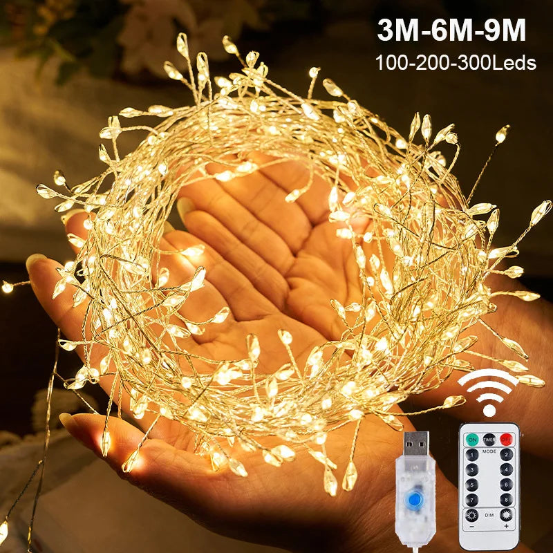 Add festive sparkle with these USB-powered LED firecracker string lights—complete with remote control for easy lighting and fun!