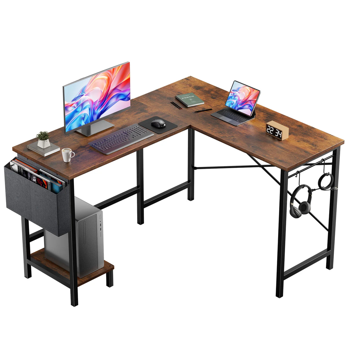 MCQ L Shaped Standing Office Computer Desk with Storage Bag and Side Hook Ergonomic Computer Corner Gaming Desk with PC Stand for Home Office Use Workstation