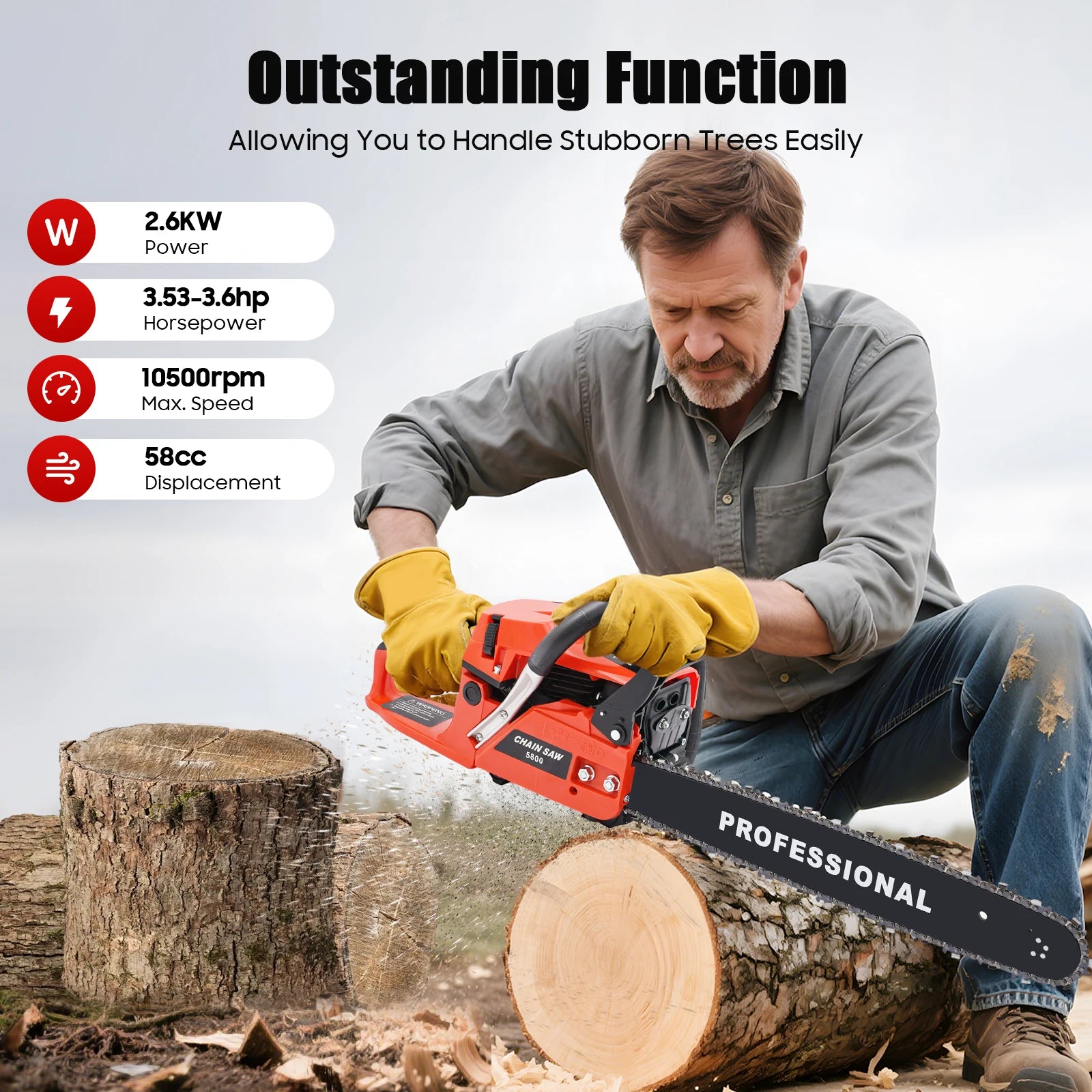 58cc 20-Inch Gas Chainsaw, 2-Stroke High-Performance Chain Saw for Wood Cutting, Tree Pruning, and Gardening