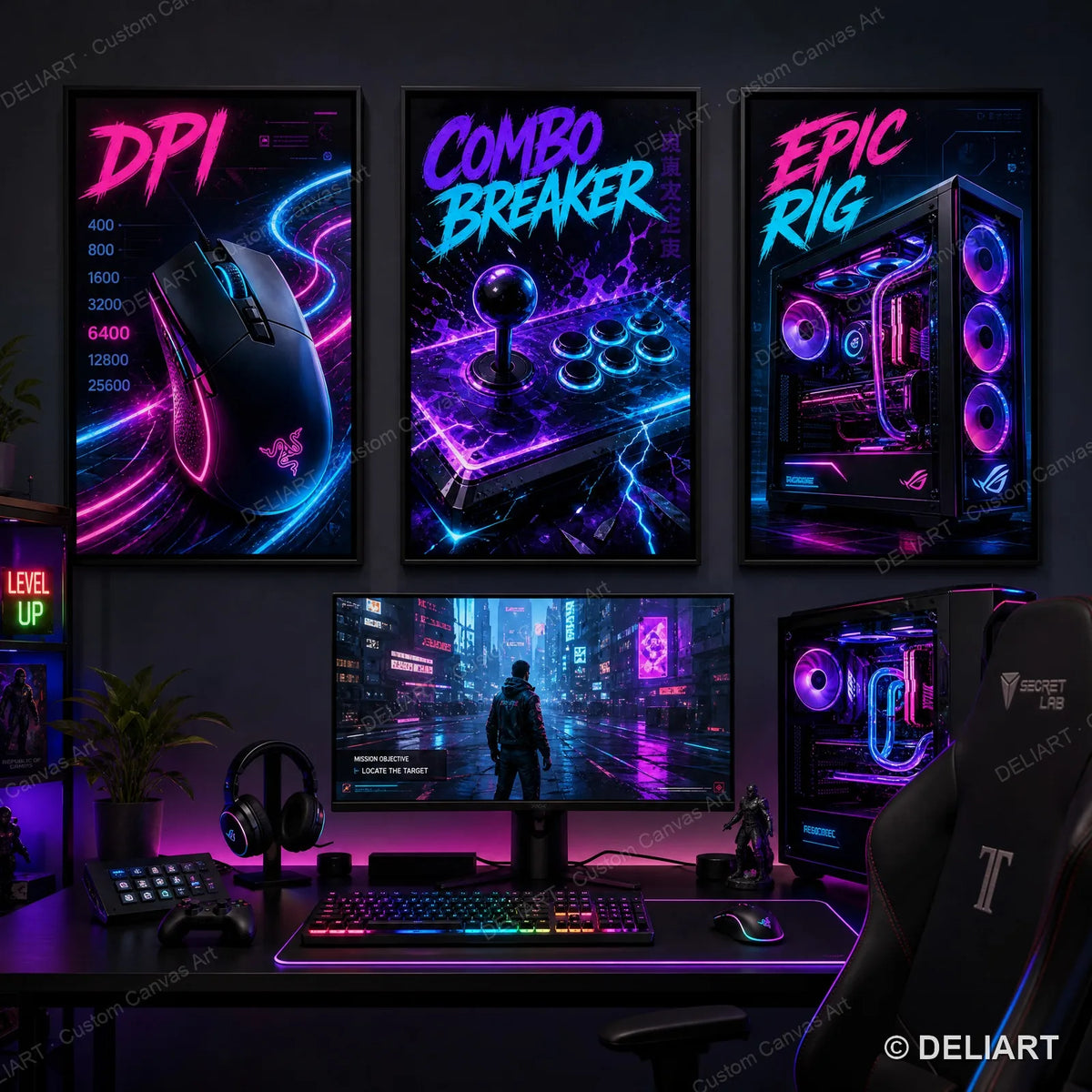 1 & 3 PCS Set Neon Gaming Posters Canvas Wall Art Print Gamepad Gamer Room Decor Esports Gift for Boys Teens Unframed