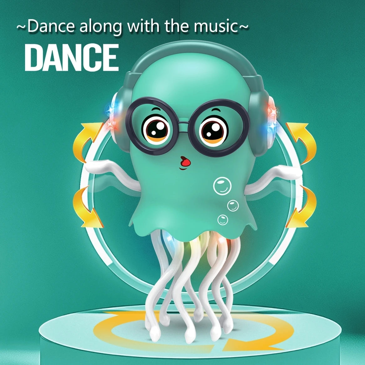 An electrically-powered crawling dancing jellyfish toy, an octopus with automatic obstacle sensor, intelligent LED lights and mu