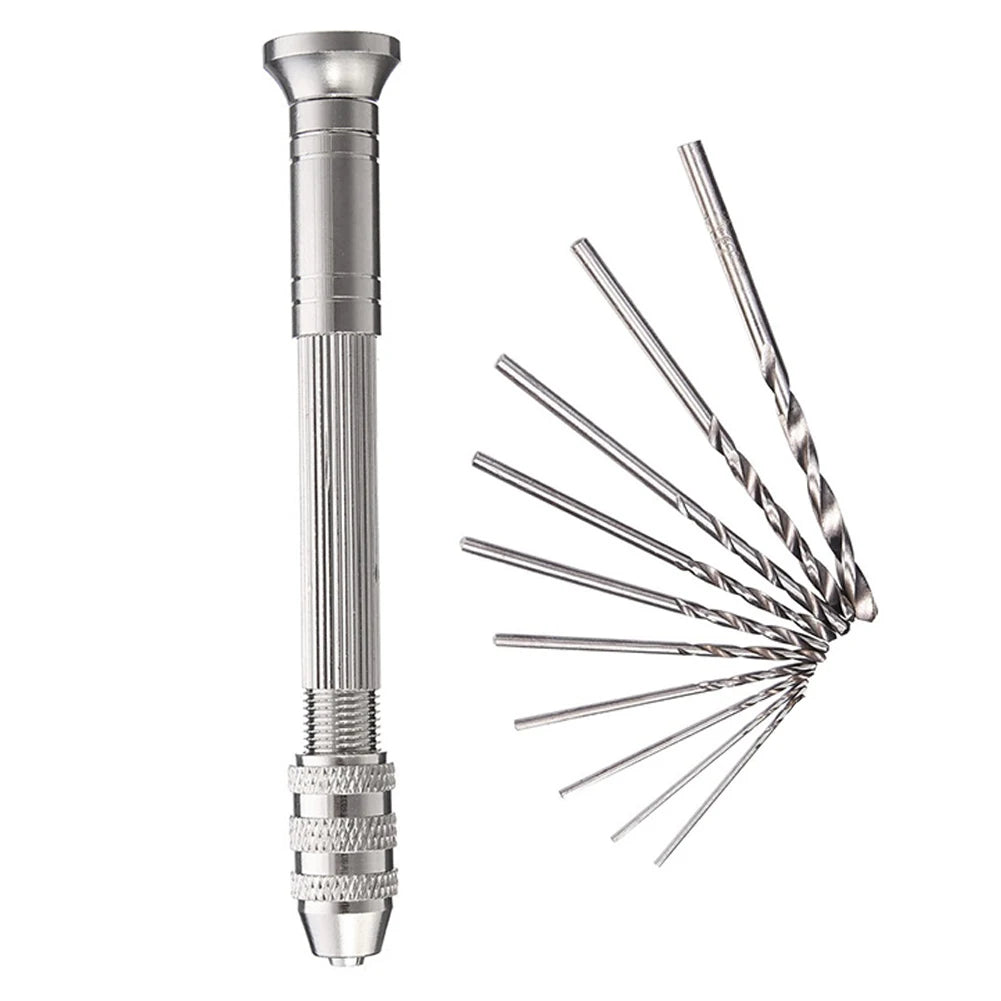DIY Woodworking Drilling Rotary Tools Manual Aluminum Alloy Micro Hand Drill Non-slip Handle with 10pcs Drill Bits