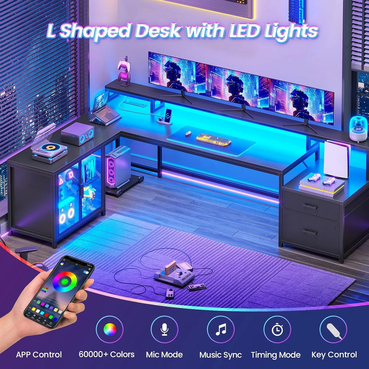 78.7" Large L Shaped Corner Gaming Computer Desk,Drawers,Power Outlet & LED Lights, Customized