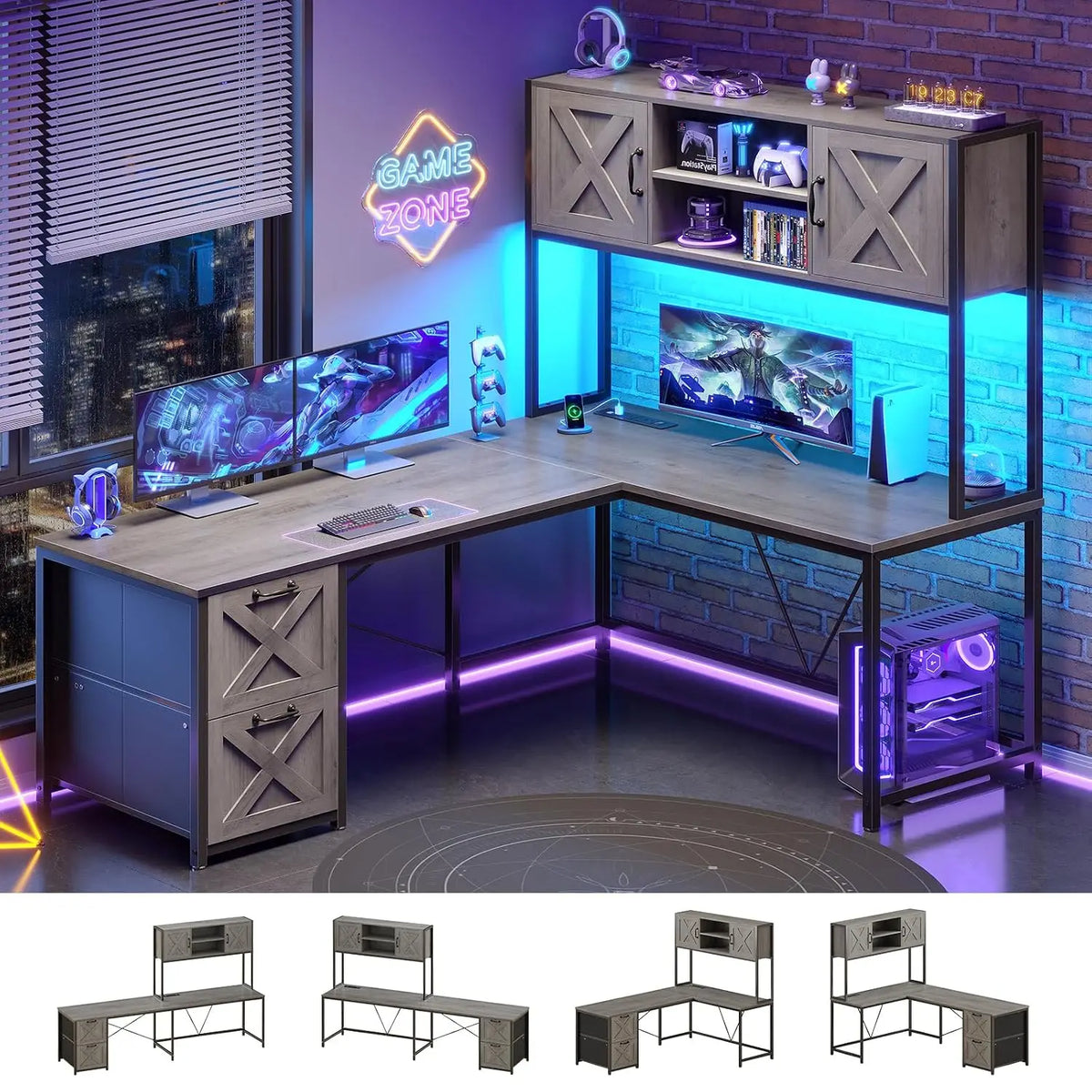L Shaped Gaming Desk with Drawers LED Lights Power Outlet Hutch Storage Shelf Home Office Grey, Customized