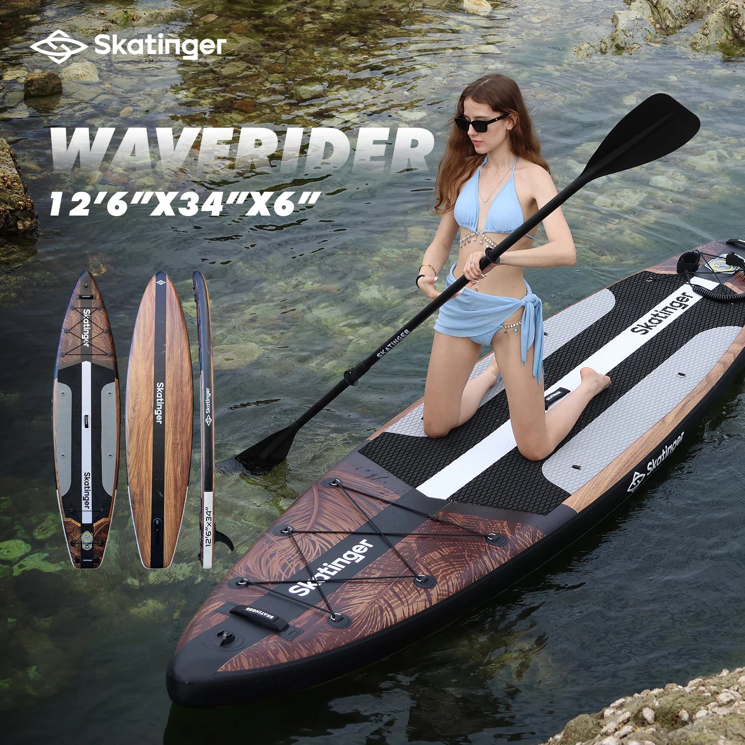 SKATINGER 12'6''x34''x6'' Inflatable Paddle Board for Adults Waterproof Standing Style SUP Board with Accessories for Aquatic