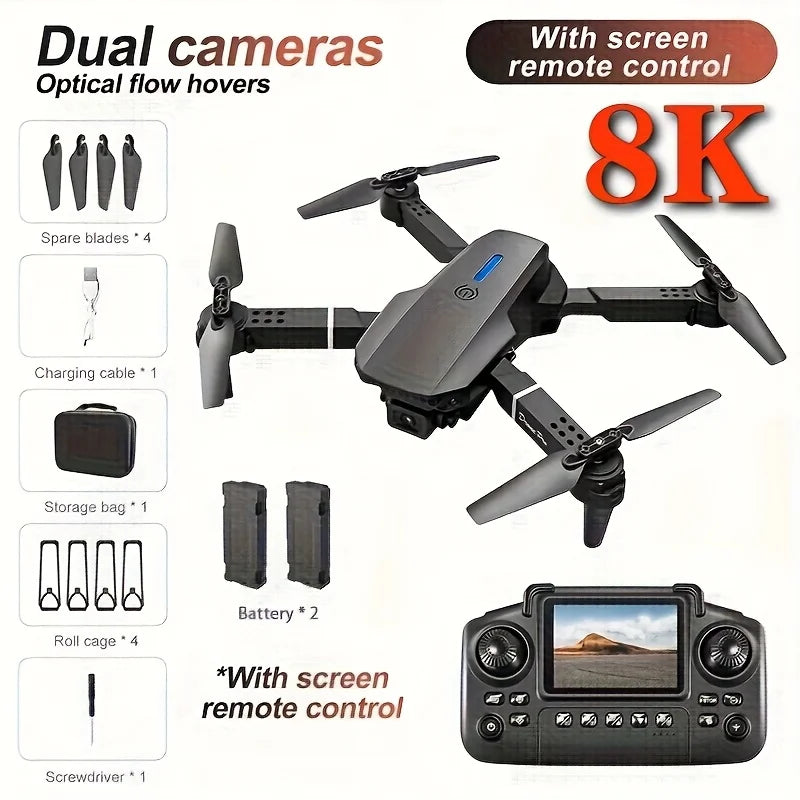 The 2026 Upgraded E88PRO MAX Foldable Drone Features Dual Cameras, Extra Batteries, an 8K Screen for Remote Control, and One-click Return-to-home Functionality. Suitable for Beginners, It's an Ideal Independence Day or Holida