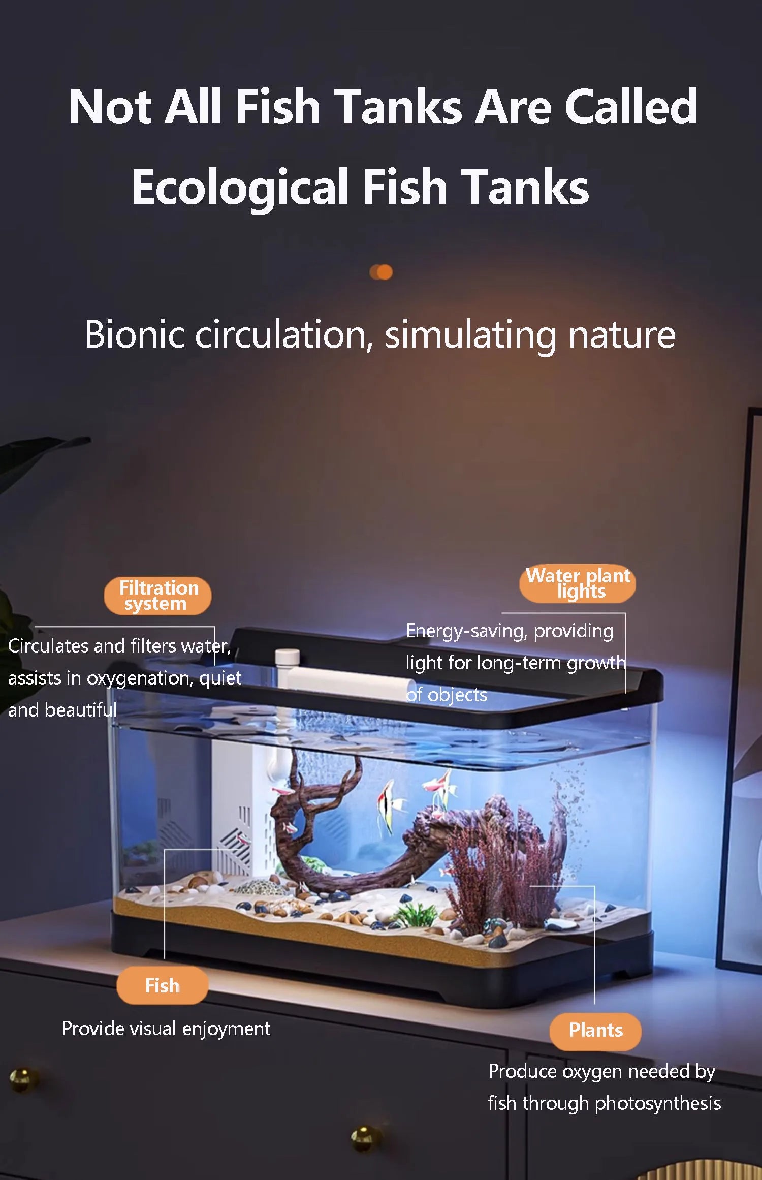 Small Fish Tank Landscape Ecological Full Set Filter Oxygen Generator Living Room New Home Goldfish Tank with Light