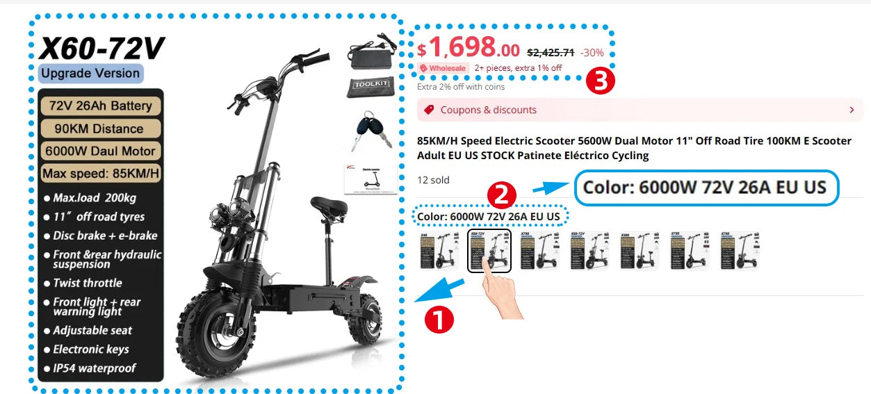 6000W Electric Scooter for Adults 85KM/H Max Speed Dual Motor 11" Off Road Tire E Scooter 30AH Lithium Battery Shock Absorption