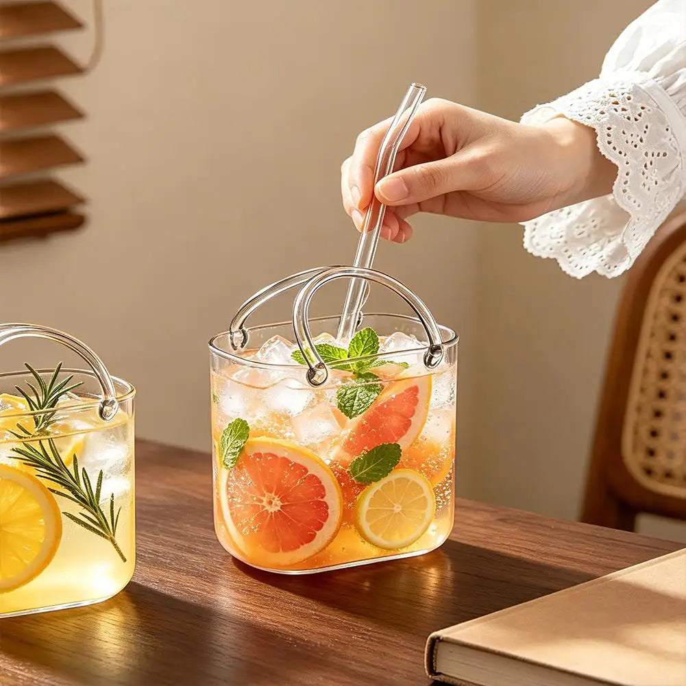 Portable Handbag Glass Cup Creative Cocktail Glasses Cups Funny Fruit Wine Glass Cups Ins Style Bag Glass With Straw Bar Tools