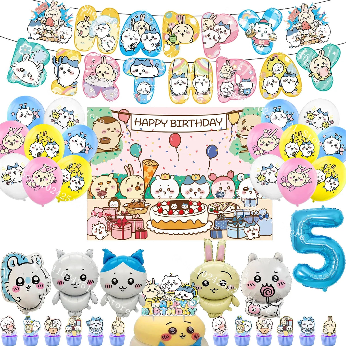 Chiikawa kawaii Happy Birthday Party Decorations Cute plate Banner Cake Topper Flag Balloons Disposable tableware Decorations