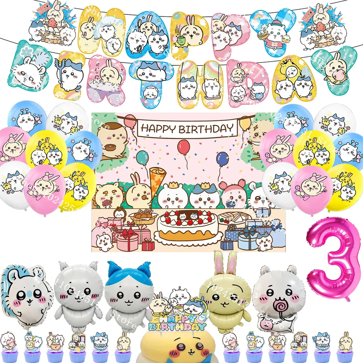 Chiikawa kawaii Happy Birthday Party Decorations Cute plate Banner Cake Topper Flag Balloons Disposable tableware Decorations