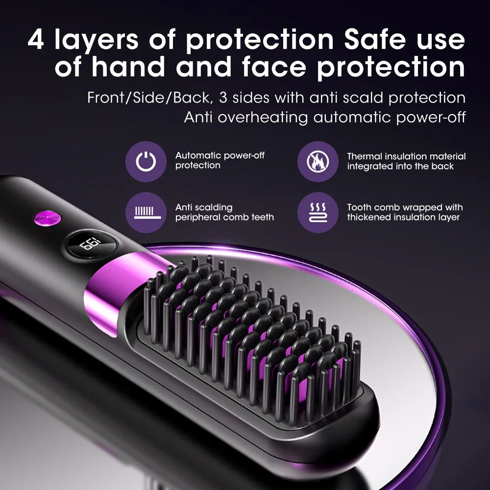 Portable Hair Straightener Brush 4 Temp Setting Cordless Straightening Comb LED Display Ceramic Coating Ionic Technology USB