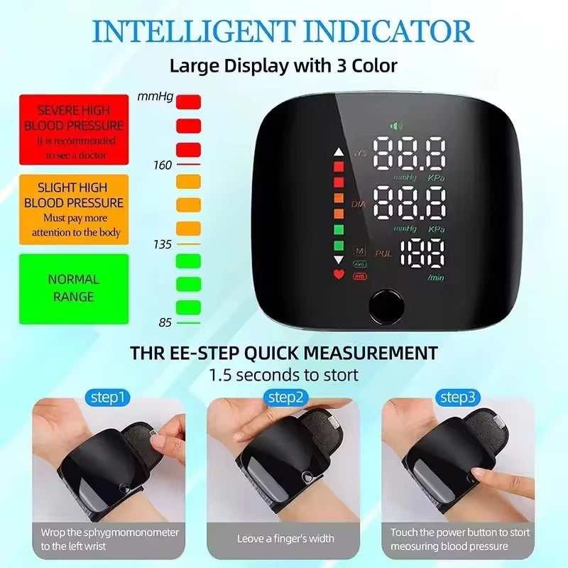 Portable Automatic Wrist Voice Blood Pressure Monitor Digital One Button Blood Pressure Monitor Machine Tonometers for Home Use