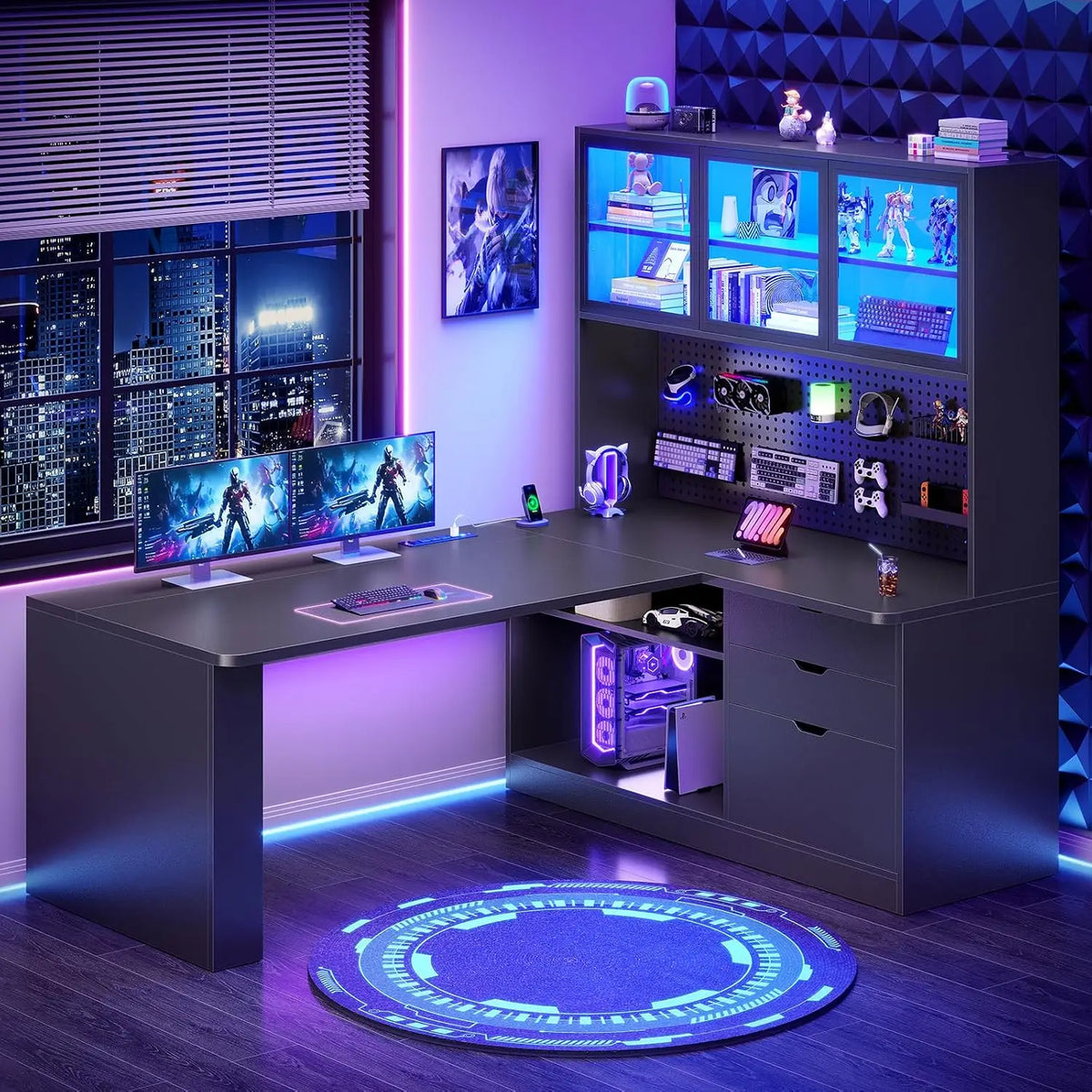 L Shaped Corner Gaming Desk with 3 Wood Drawer and Large Bookshelf, Customized