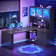 L Shaped Corner Gaming Desk with 3 Wood Drawer and Large Bookshelf, Customized