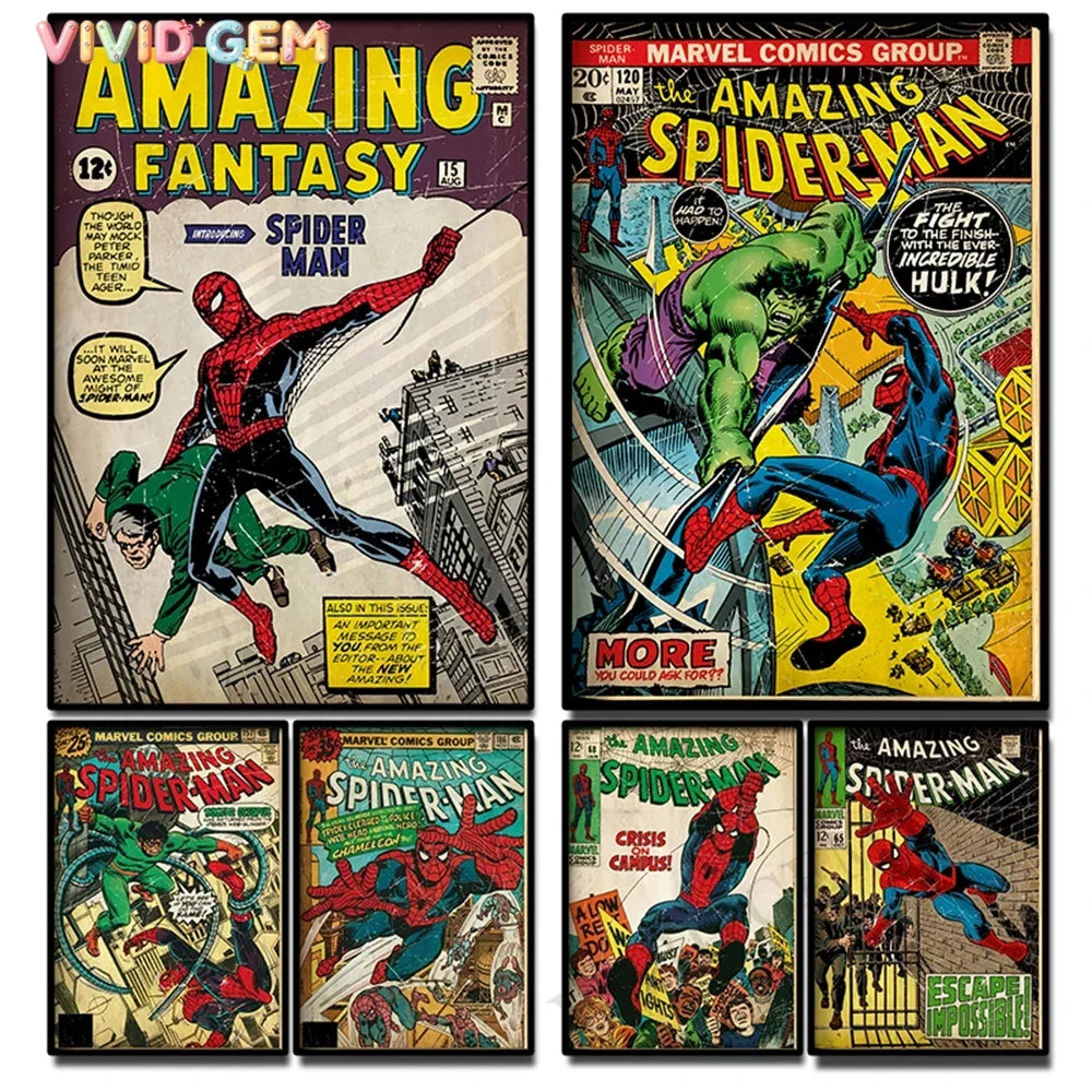 Retro Marvel Super Hero Decorative Painting Anime Spider Man Art Poster American Film Mural Home Childrens Room Wall Decor Pr