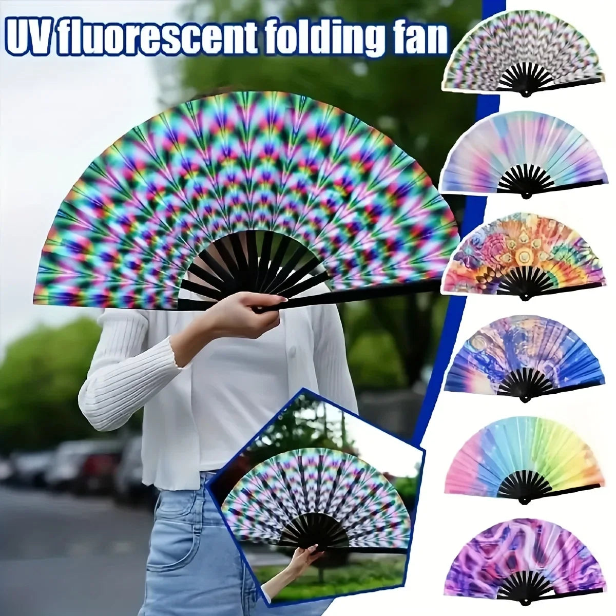 One Pack Large Carnival Folding Fan Fan Craft Fan with Energetic Neon Mushroom Pattern Can Be Used for Both Men and Women