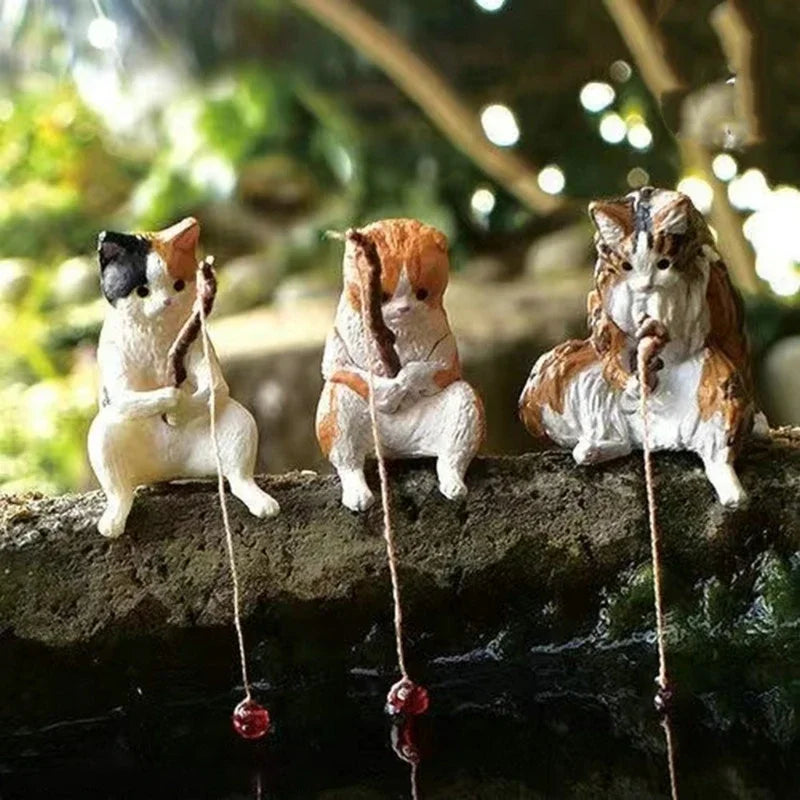 Fish Tank Landscaping Fishing Cat Ornaments Cute Mini Aquarium Decoration Cartoon Animal Resin Figurine for Home Decorations