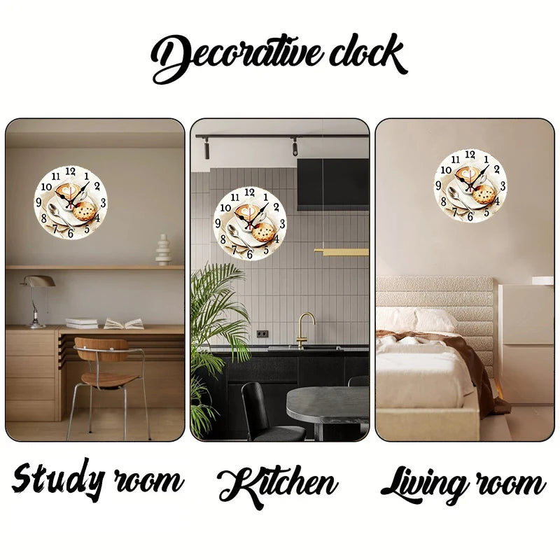 Coffee & Pastry Wooden Round Silent Hanging Wall Clock, Suitable For Living Room, Office, Study Room, Bedroom, Home Decoration