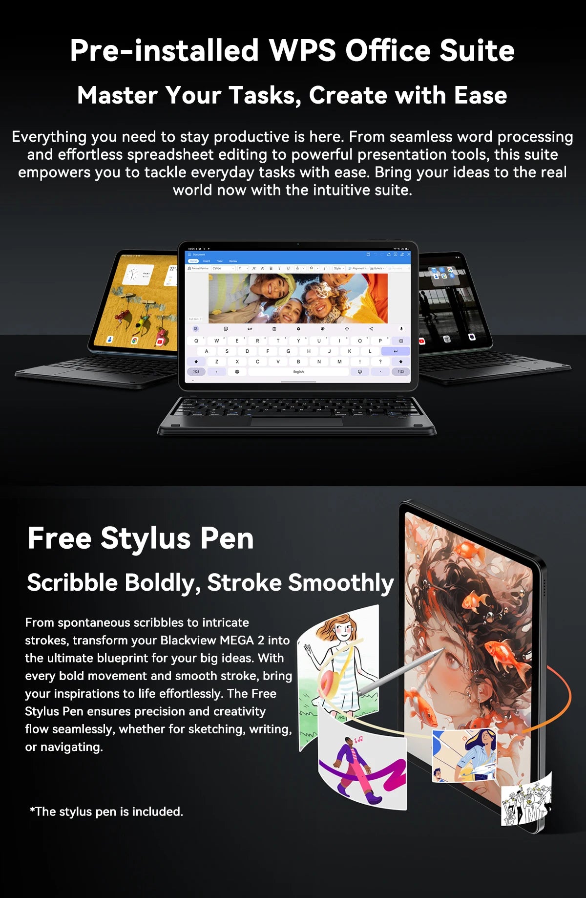 Blackview MEGA 2 Android 15 Tablet 12 inch 2K Display 36(12+24)GB 256GB Unisoc T615 9000mAh Battery Widevine L1 Pad PC