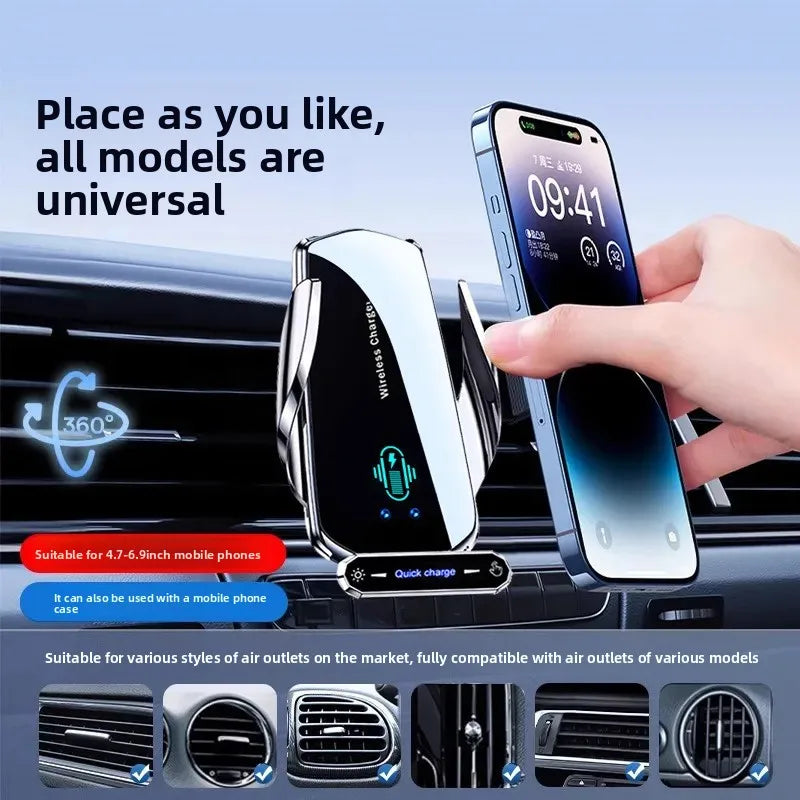 Keep your phone powered and secure on the road with this wireless car charger and mobile phone holder—all-in-one convenience!