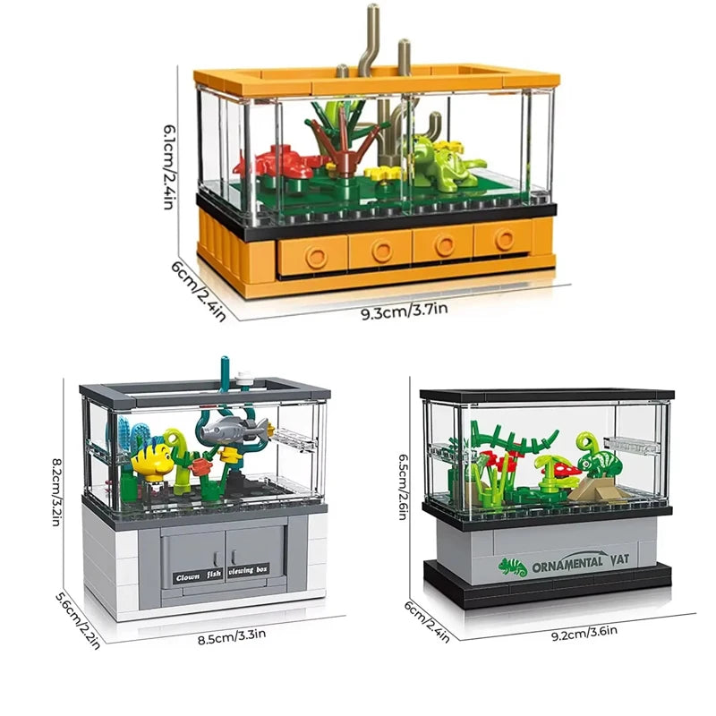 Micro Fish Tank Series Building Blocks Set Clownfish Lobster Display Box Model Children Creative Diy Educational Bricks Toys