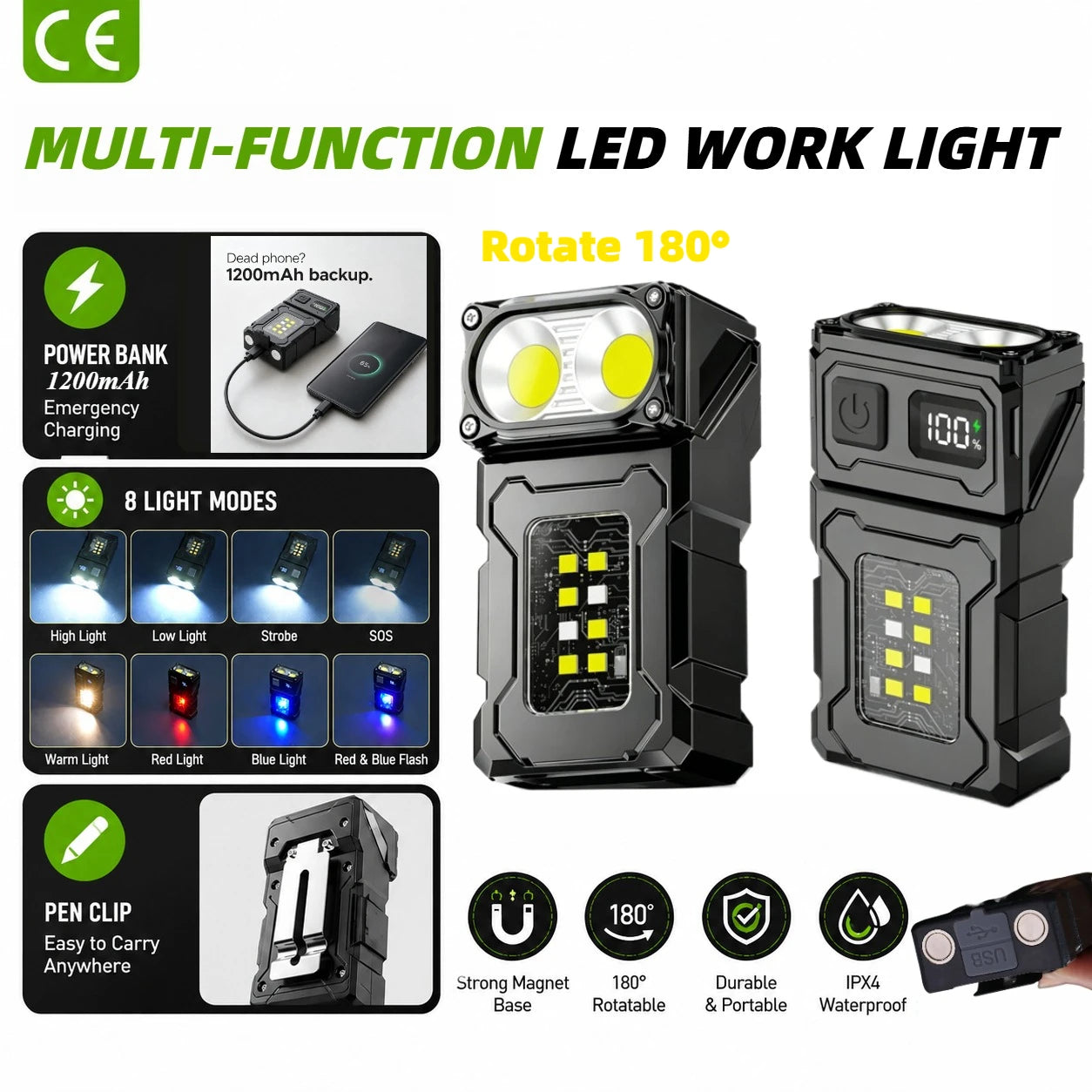 Tactical Portable Work Light EDC Flashlight Tool Mini LED Flashlight Outdoor Camping Hiking Tool MOLLE Flash Light Rechargeable