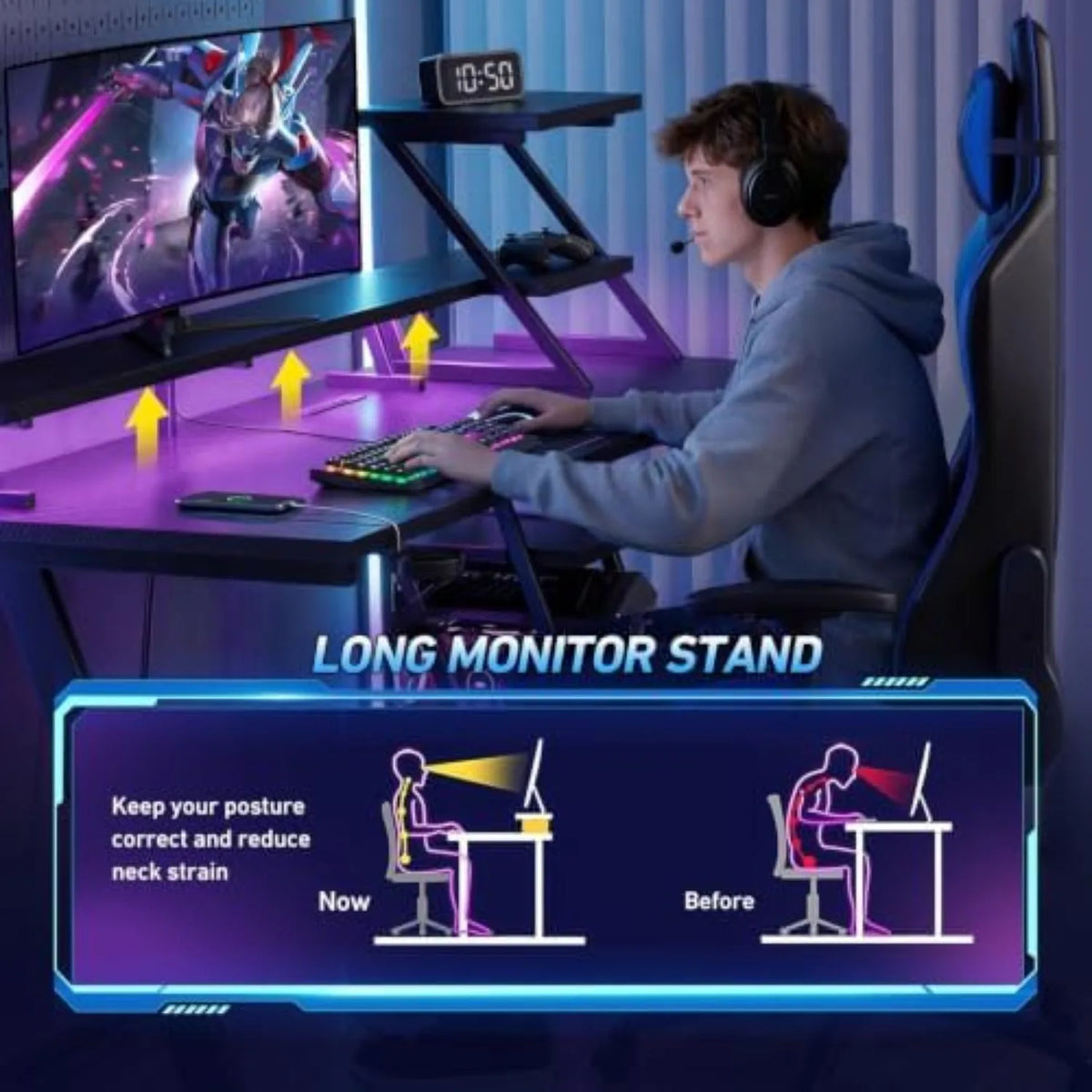 40 Inch Gaming Desk with LED Lights & Power Outlet, L Shaped Computer Gaming Table with Storage Shelves, Reversible