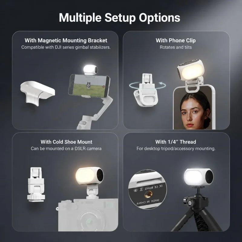 Magnetic Mini Fill Light with Phone Clip & Cold Shoe, Portable LED Video Light Compatible For DJI Osmo Mobile 6/SE Gimbal, Phone & DSLR Camera, Rechargeable Pocket Selfie Light for Vlogging