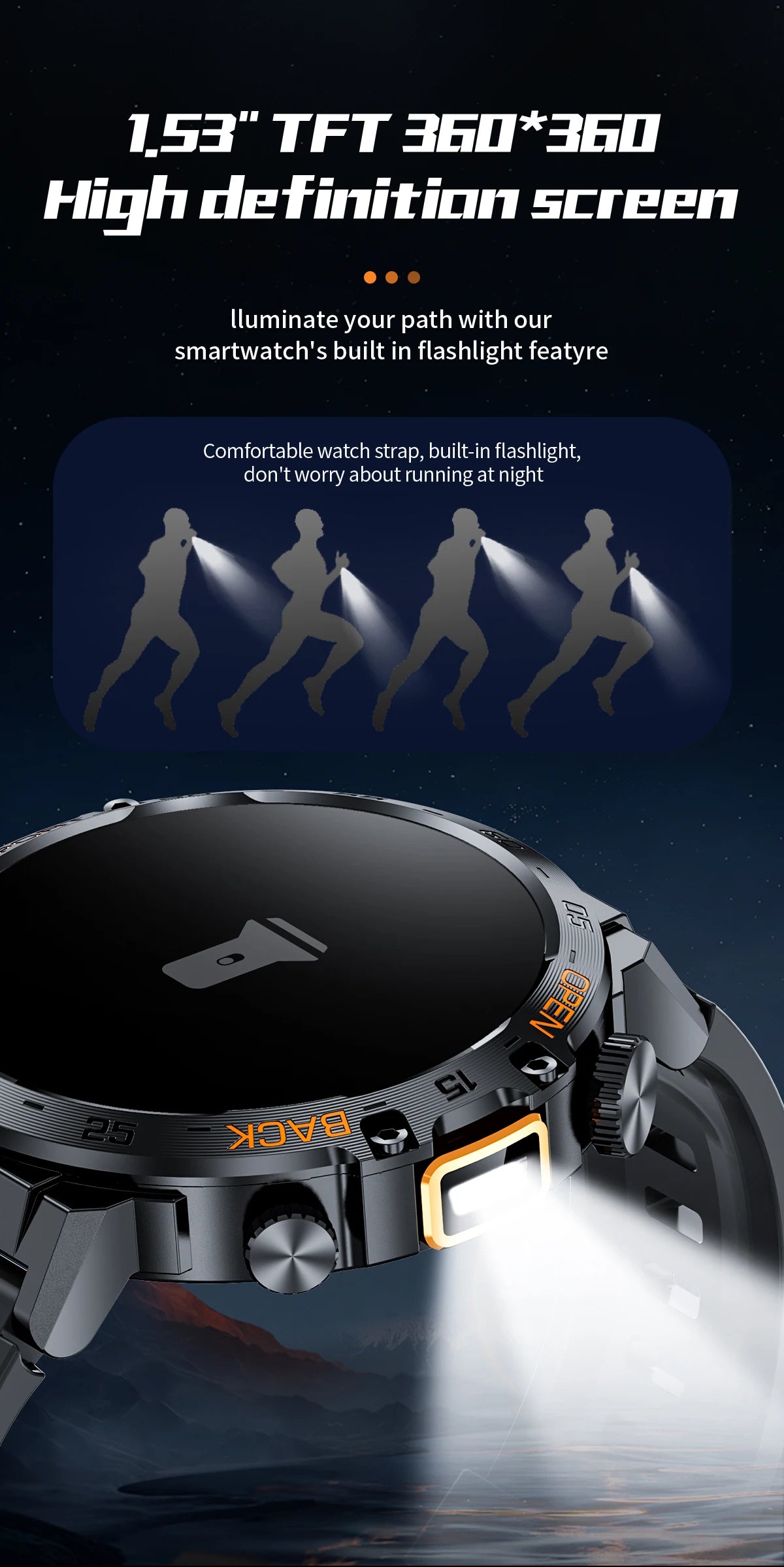 Stay active and connected with this men's smart watch featuring an HD screen, waterproof design, sports fitness tracking, and a handy flashlight—compatible with Android and iOS!