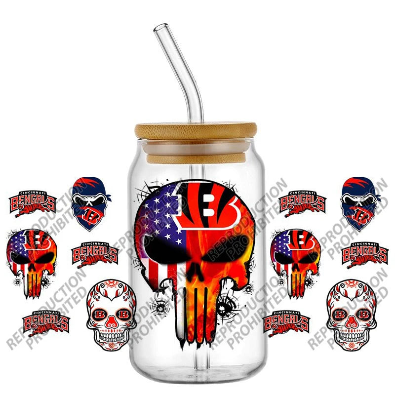 High Quality ‌3D Skull Sports Team Decal UV DTF Cup Wrap for 16oz Libbey Glasses Can DIY Mug Transfer Stickers
