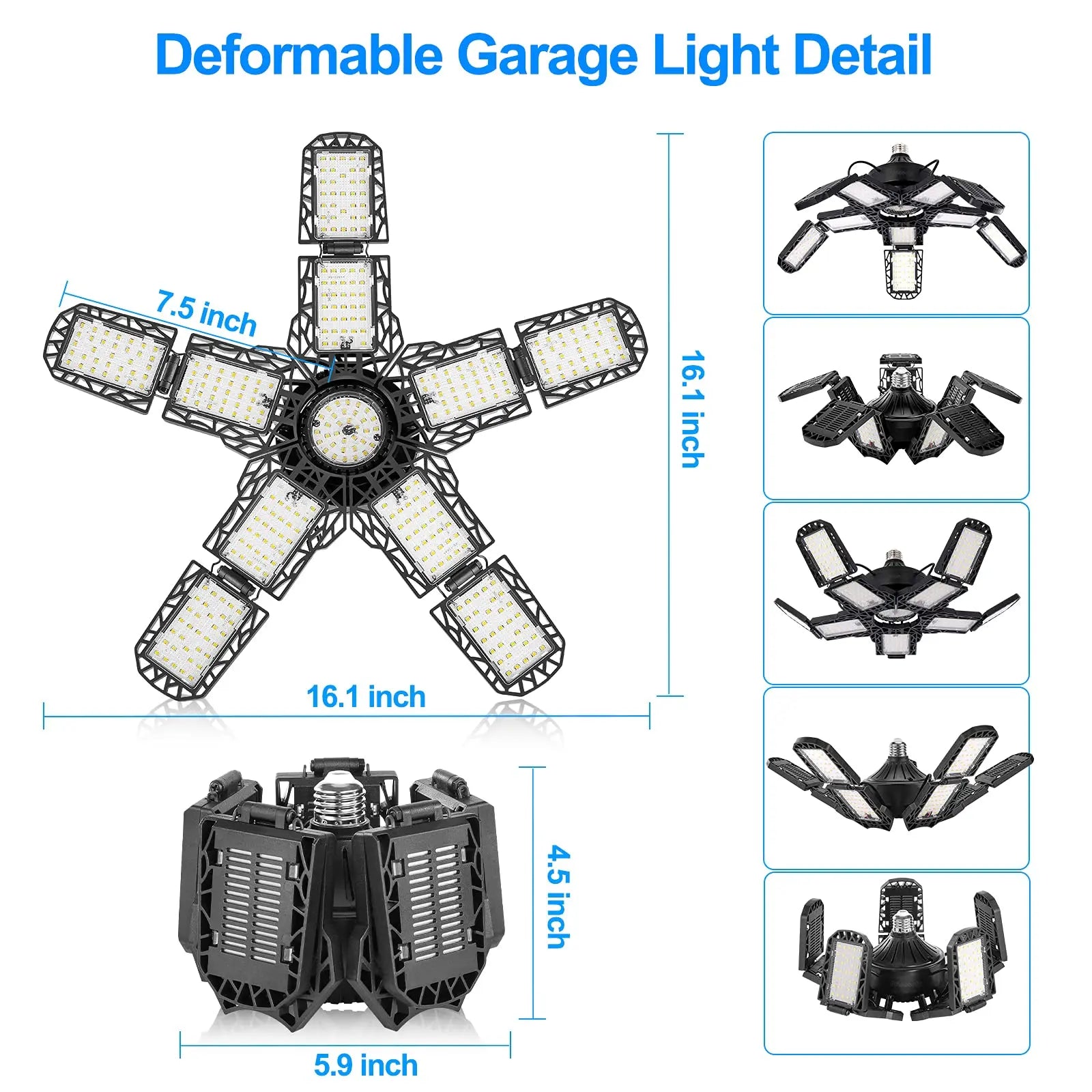 LED Garage Lights with 7/10+1 Adjustable Panels E26/E27 Ceiling Shop Work Lamp 150W 6500K Bulb for Workshop Industrial Lighting