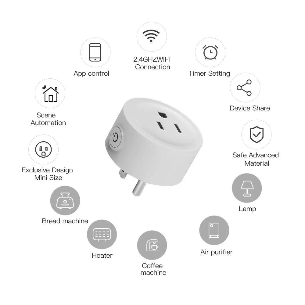 Control your devices hands-free with this WiFi smart plug featuring USA socket compatibility—wireless switch supporting app control, scene linkage, and voice assistants like Alexa and Google Home for smart home convenience!