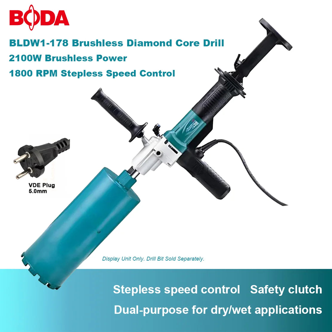 BODA Brushless Wet/Dry Drill 20-178mm , Water-Cooled Concrete Drill for Brick, Stone, Tile & Floor ,Professional Core Drilling