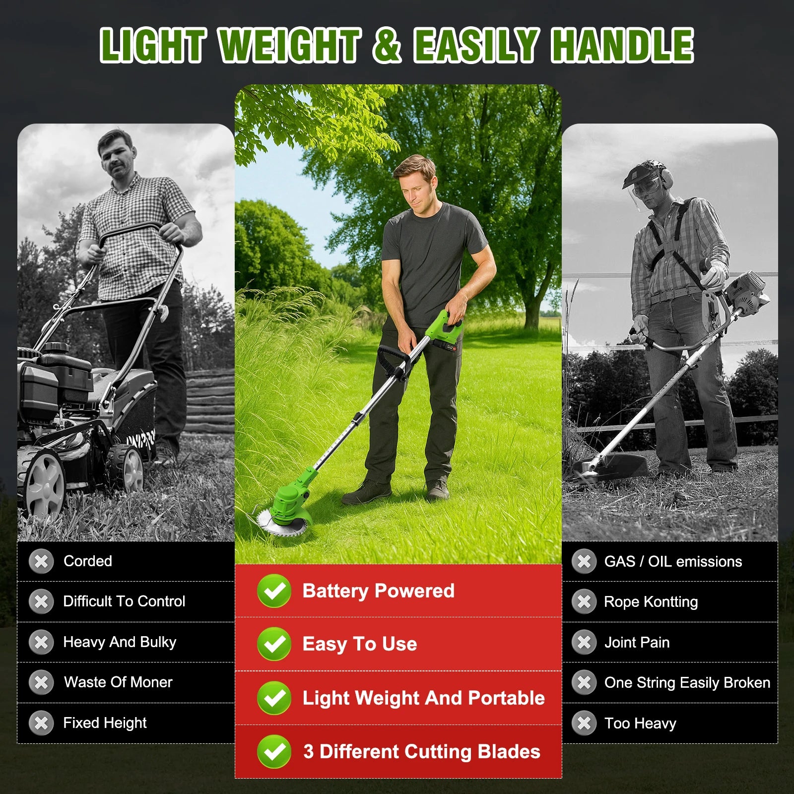 2-in-1 Cordless Electric  Lawn Mower Brushless Edger Eater Grass String Trimmer Cutter 650W 18000 RPM With 24V Two Battery Adjustable For Garden Tool