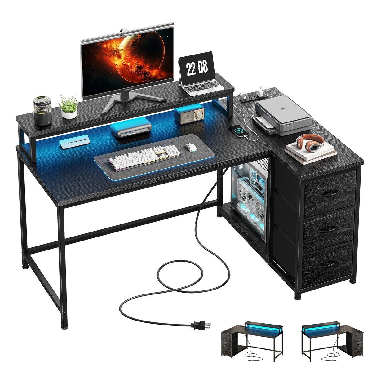 EnHomee  40" L-Shaped Computer Desk with Monitor Stand & 3 Drawers Gaming Desk with Power Outlet and LED Lights for Gaming Home Office