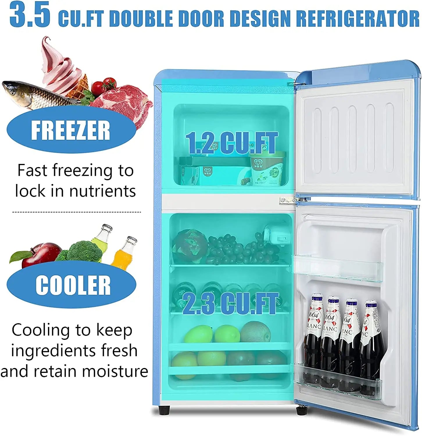 Double Door Compact Refrigerator, Mini Fridge with Freezer (Retro Design)