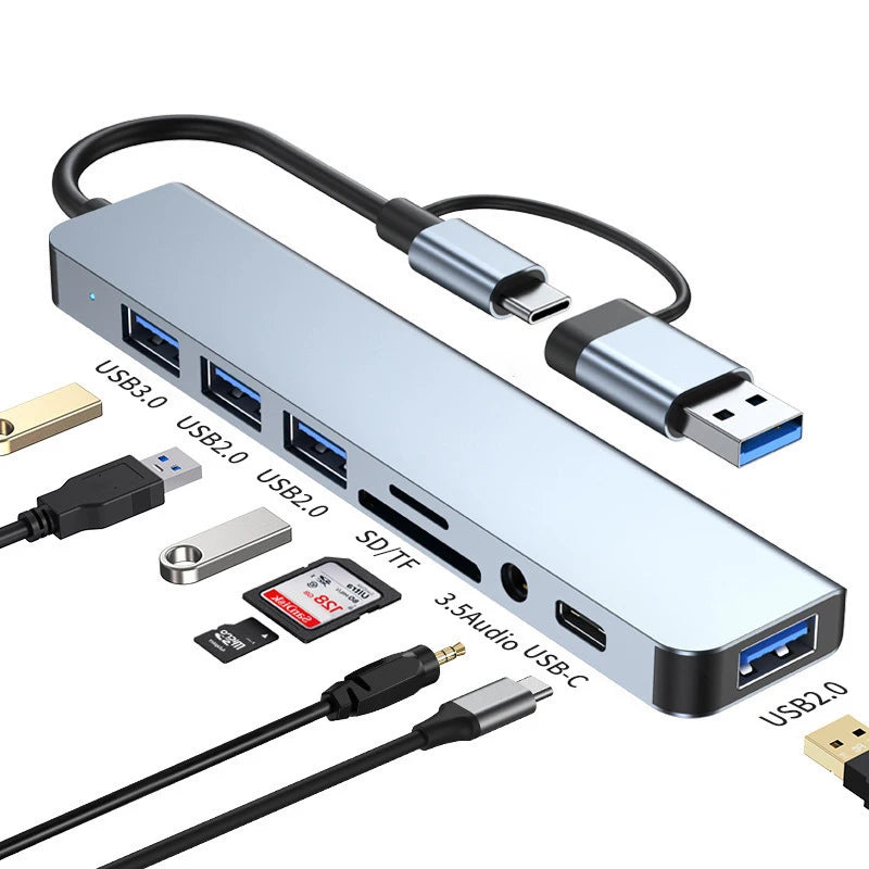 Expand your connectivity with this 8-in-2 USB + Type-C hub docking station—featuring multiple USB ports and a convenient card reader for seamless device access! Card Reader Laptop Tablet Phone Disk Converter