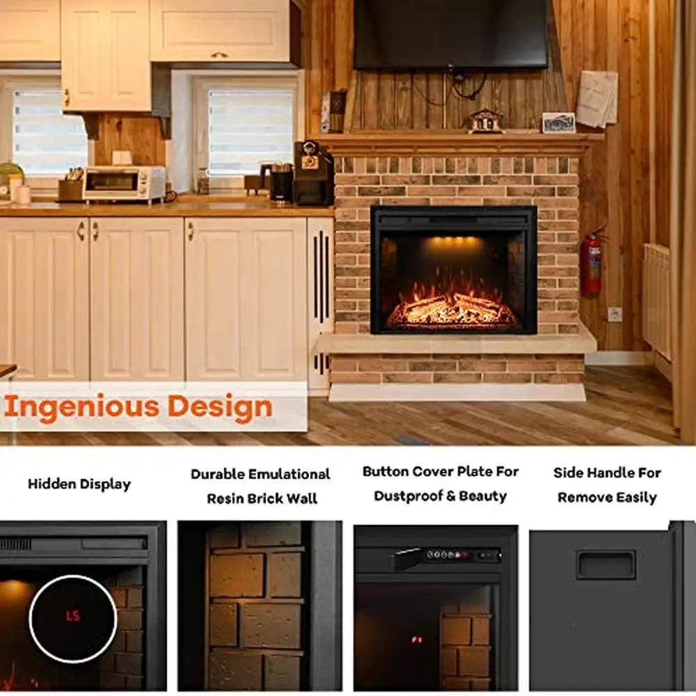 36" Wall Mount Electric Fireplace Insert with Remote Control Realistic Log Flame Overheat Protection Plug-in Installation 1500W