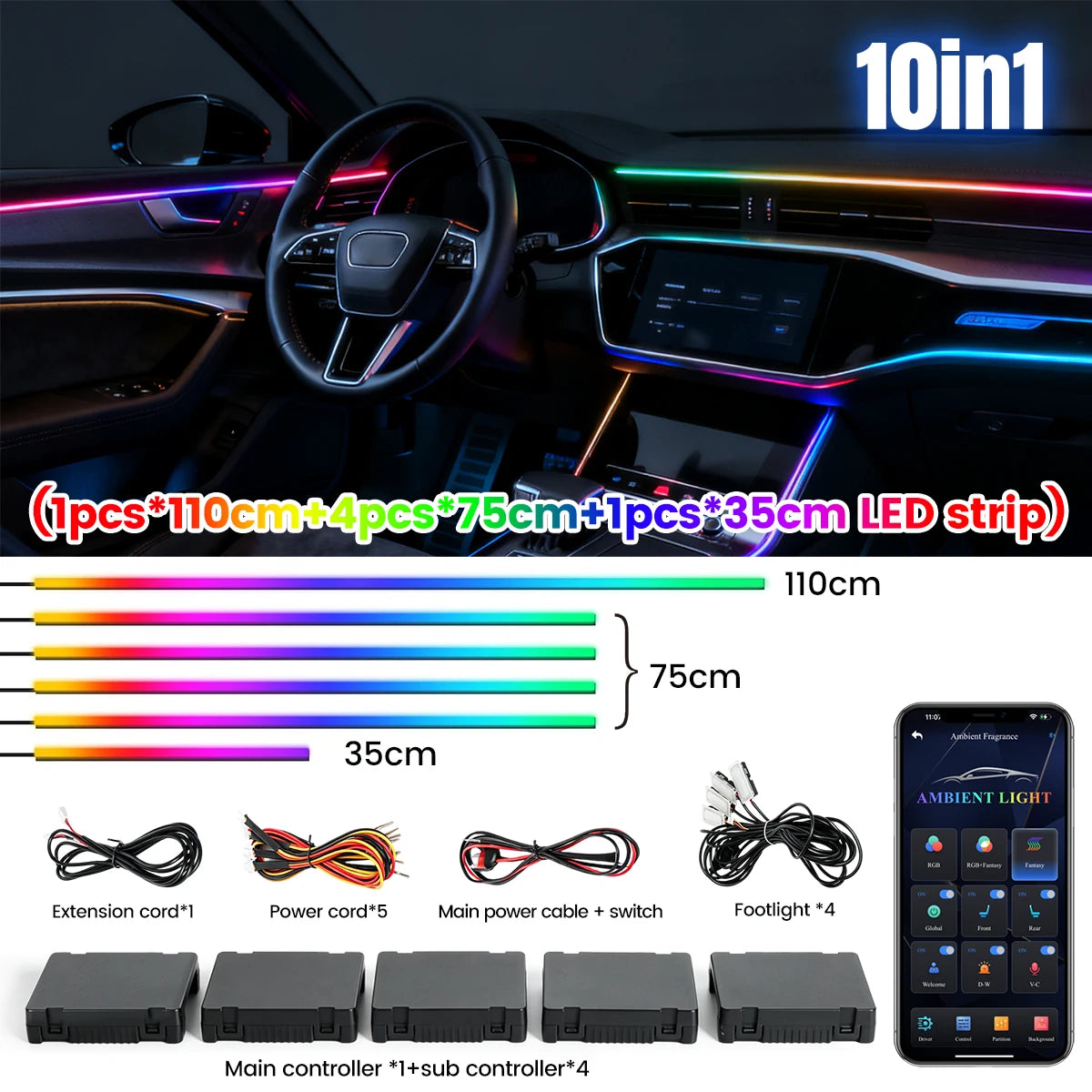 Dreamcolor Acrylic Interior Car LED Strip Light with Wireless APP, RGB 6/10/18 in 1 with 175 inches Fiber Optic Strip Lights for Car, Dynamic Chasing Music Sync Neon Car Ambient Lighting Kits
