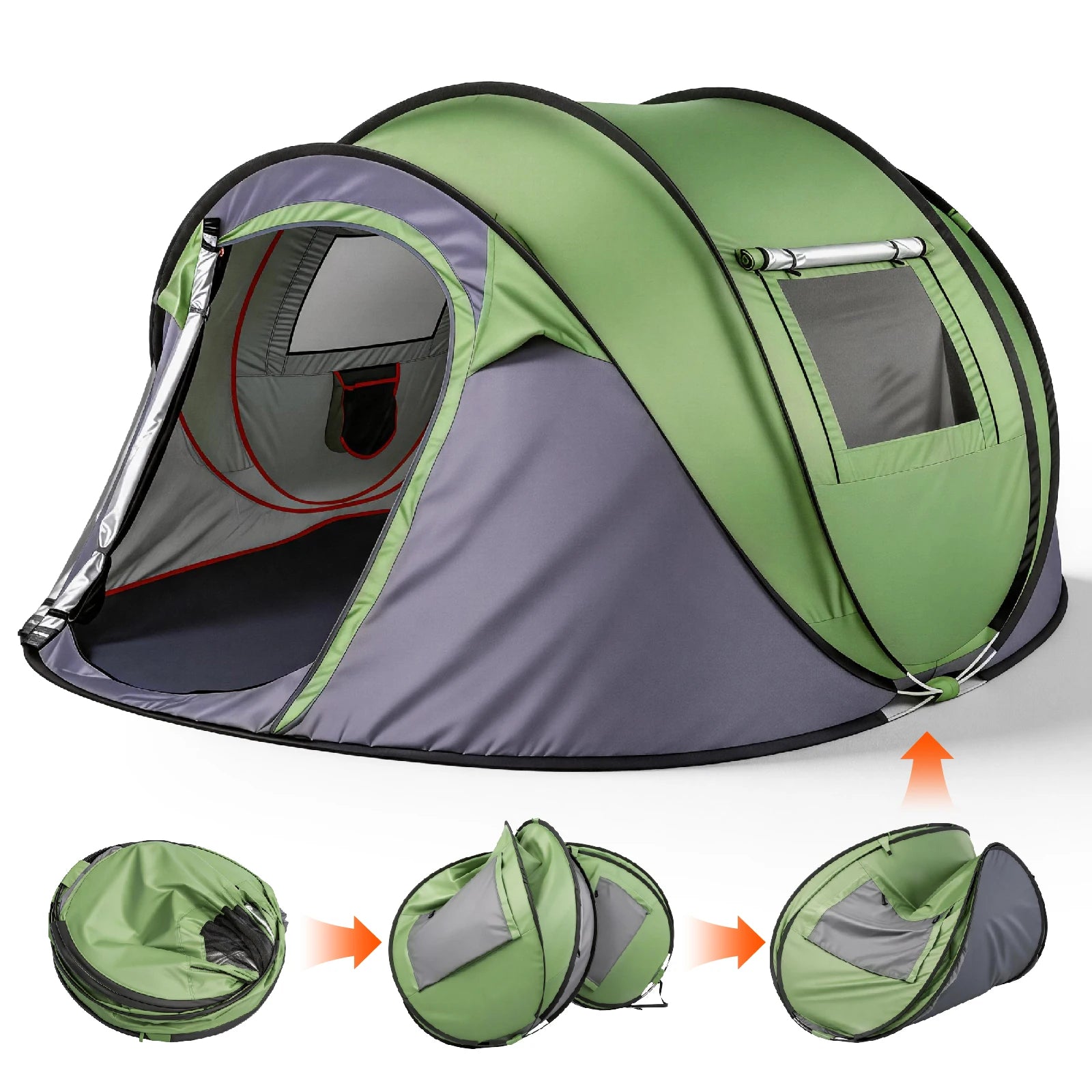 4 Person Pop Up Camping Tent Instant Setup Waterproof Family Tent with Front Awning Automatic Throw Pop Up Tent 280x200x120cm Green Outdoor Tent for Hiking Beach Backpacking 3-4 People