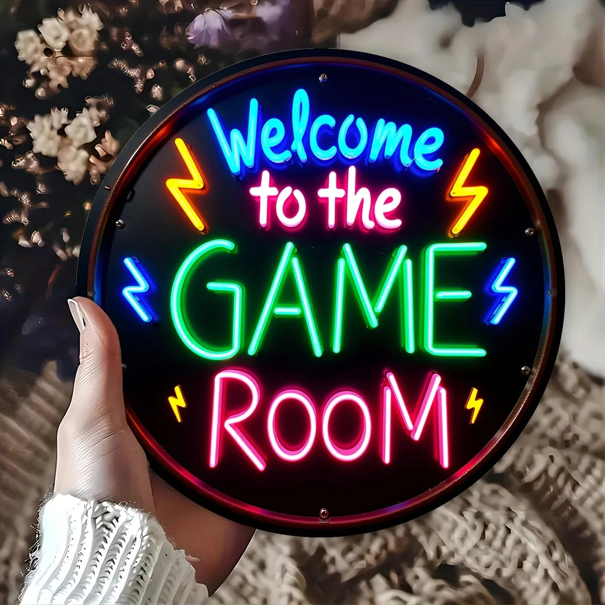 2D Flat, 1pc Neon-like Glow Game Room Sign - Welcome to The Game Room Metal Wall Decor - Heavy-Duty Iron Construction