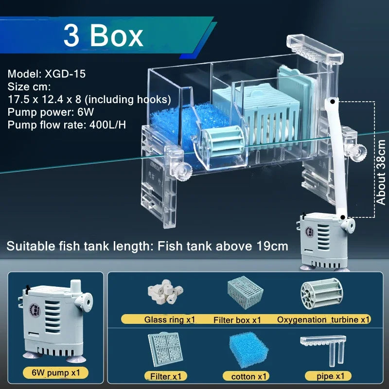 New Fish Tank Waterfall Filter Box Wall Mounted Built-in Silent Circulating Water Purifier For Aquarium Tank Box With Water Pump