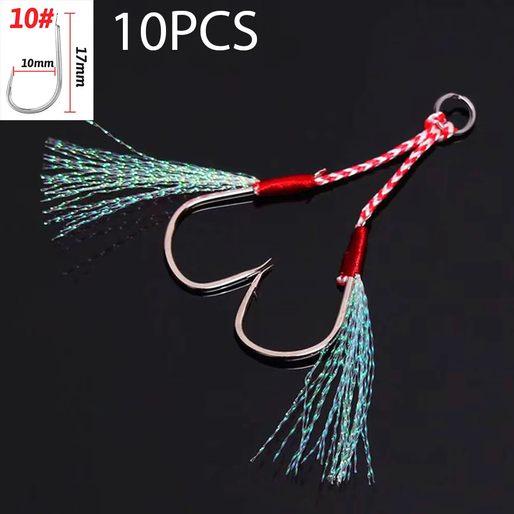 Cast Jig Assist Hook 10PCS/Lot High Carbon Steel Angle Barbed Thread Feather Lake Fishing Tackle Slow Jigging Sea Pesca Fishhook