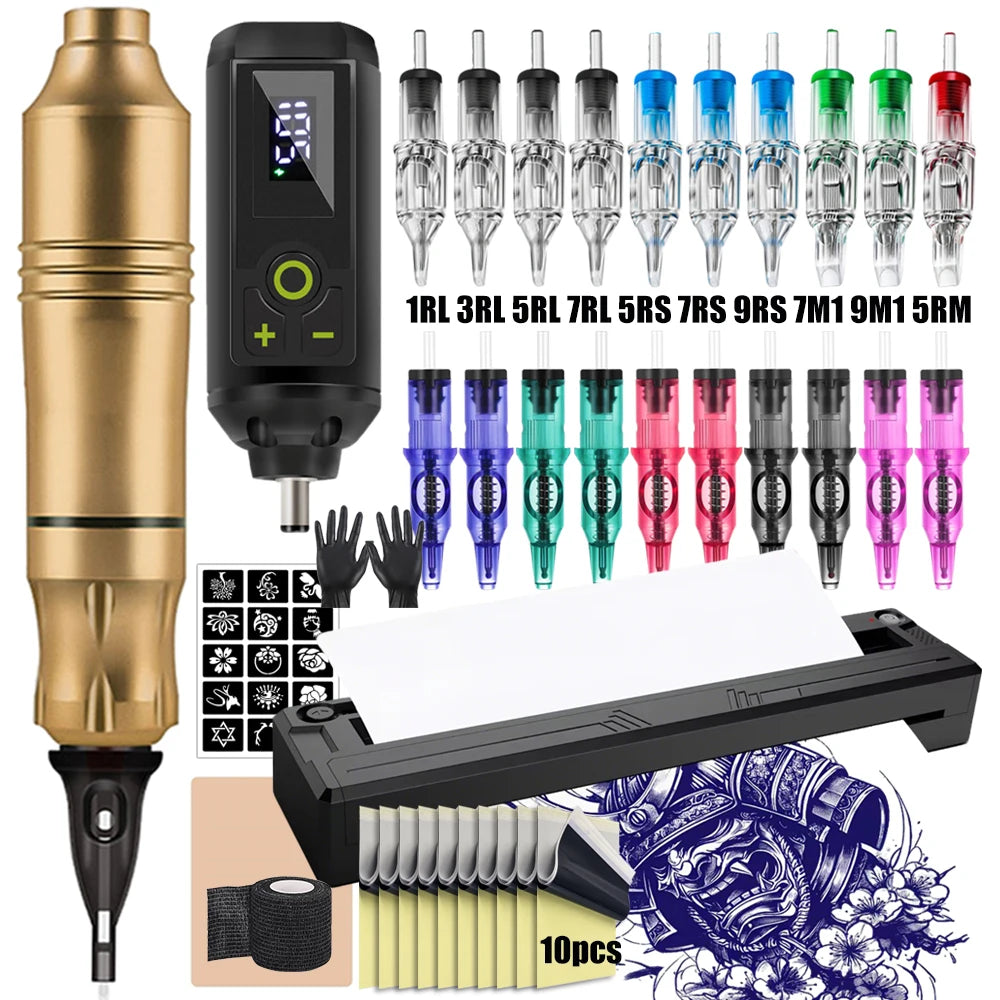 Ballpoint Tattoo Pen Machine Kit Rotary Tattoo Pen Set with Wireless Tattoo Transfer Stencil Printer Power Supply Needles