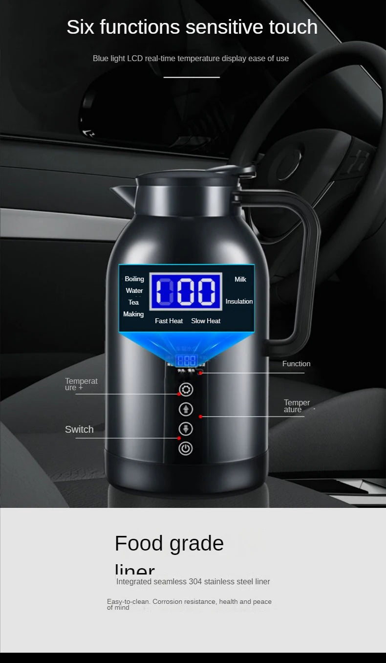 Portable Car Hot Kettle 1200ML Water Heater Travel Auto 12V/24V for Tea Coffee 304 Stainless Steel Large Capacity for Vehicle