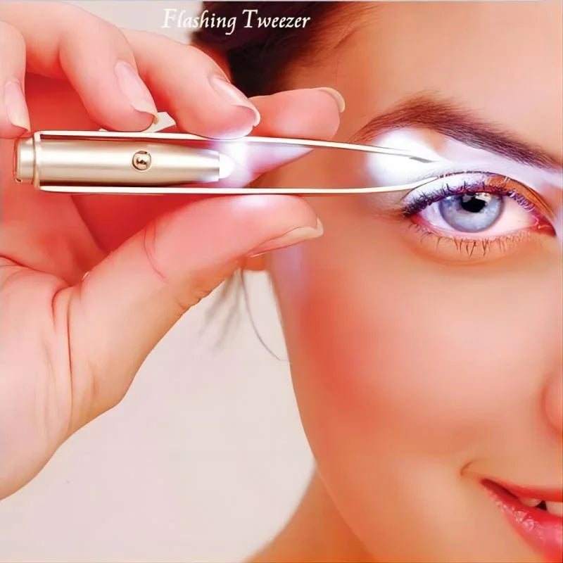 Precisely shape your brows anytime with this portable stainless steel eyebrow tweezer—smart design featuring built-in LED light for flawless makeup application!
