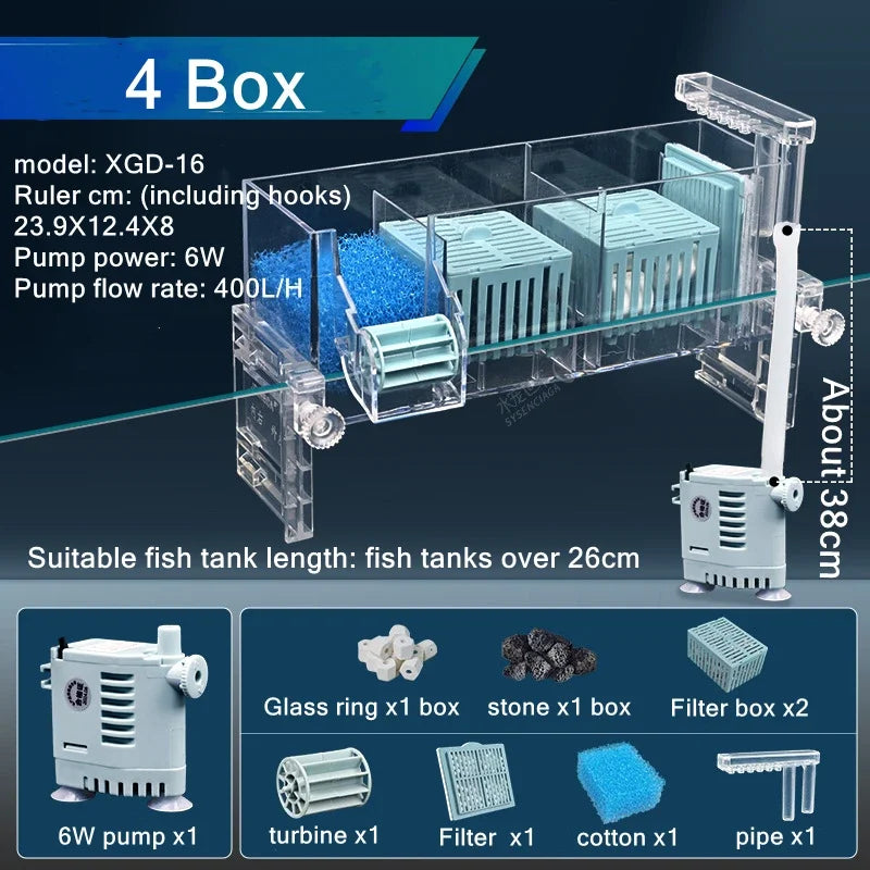 New Fish Tank Waterfall Filter Box Wall Mounted Built-in Silent Circulating Water Purifier For Aquarium Tank Box With Water Pump